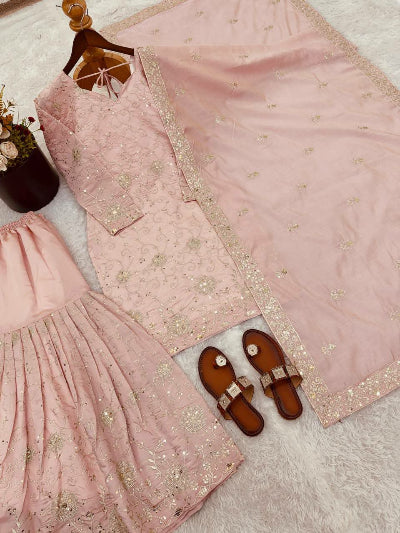 Pastel Peach Pink Gold Embroidery Sharara Suit Set