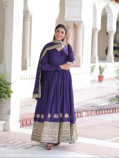 Purple Embroidered Anarkali Gown Dupatta Set Of 2
