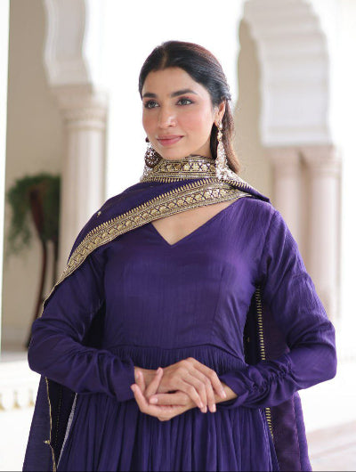Purple Embroidered Anarkali Gown Dupatta Set Of 2