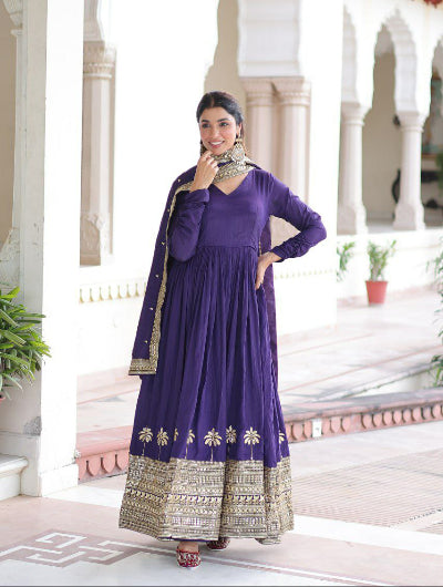 Purple Embroidered Anarkali Gown Dupatta Set Of 2