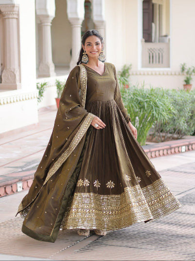 Olive Green Embroidered Anarkali Gown Dupatta Set Of 2