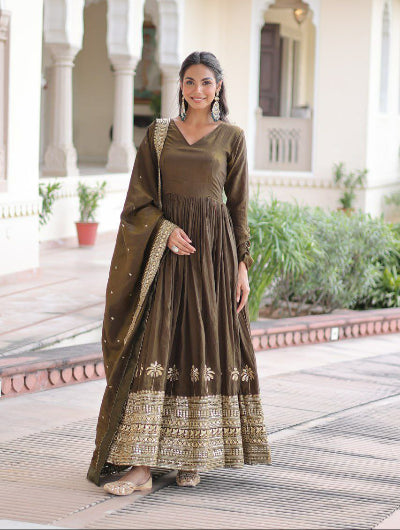 Olive Green Embroidered Anarkali Gown Dupatta Set Of 2