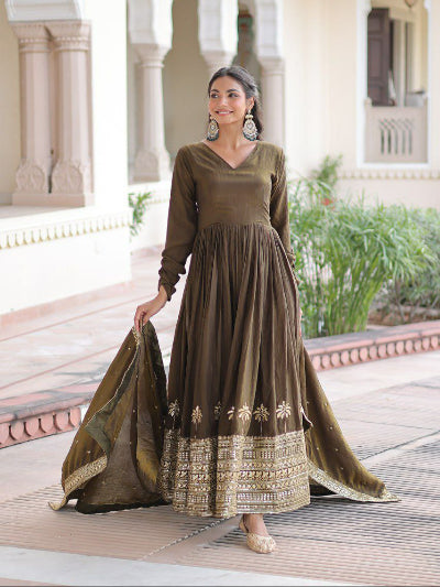 Olive Green Embroidered Anarkali Gown Dupatta Set Of 2