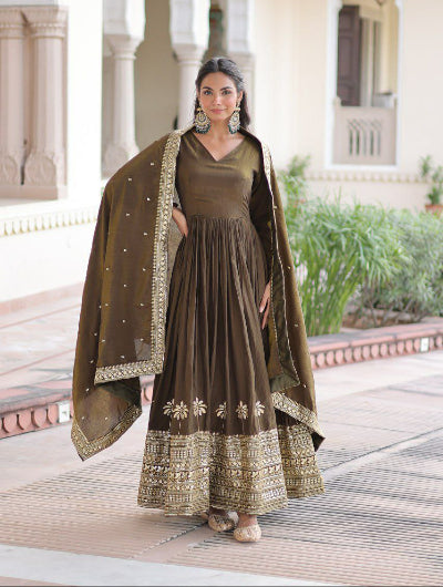 Olive Green Embroidered Anarkali Gown Dupatta Set Of 2