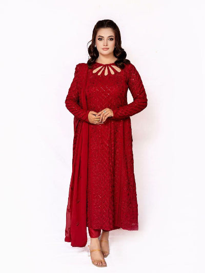 Gorgeous Red Georgette Rich Embroidery Straight Suit