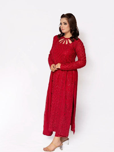 Gorgeous Red Georgette Rich Embroidery Straight Suit