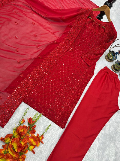 Gorgeous Red Georgette Rich Embroidery Straight Suit