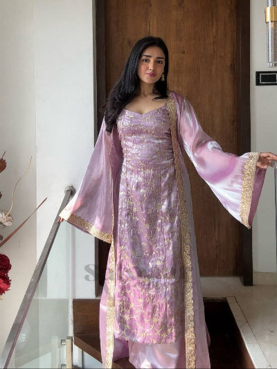 Soft Lilac Embroidery Work Kurti Pant Jacket