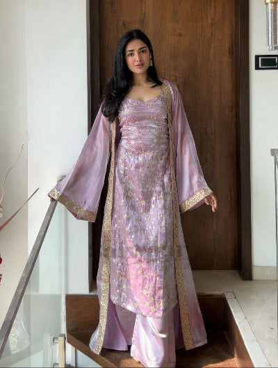 Soft Lilac Embroidery Work Kurti Pant Jacket