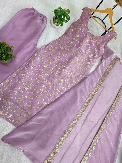 Soft Lilac Embroidery Work Kurti Pant Jacket