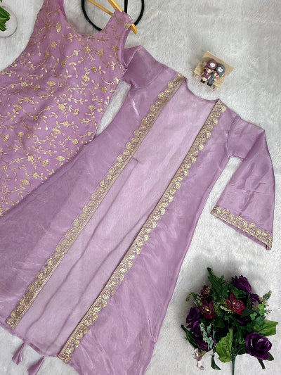 Soft Lilac Embroidery Work Kurti Pant Jacket
