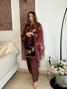 Burgandy Velvet Embroidered Farshi Suit with Organza Dupatta - BONYHUBSALWAR KAMEEZ