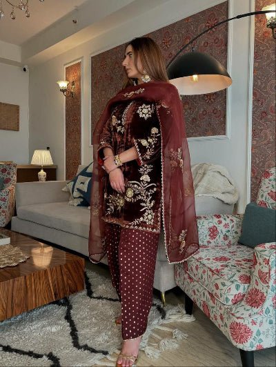 Burgandy Velvet Embroidered Farshi Suit with Organza Dupatta - BONYHUBSALWAR KAMEEZ