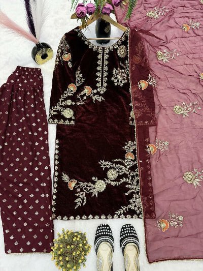 Burgandy Velvet Embroidered Farshi Suit with Organza Dupatta - BONYHUBSALWAR KAMEEZ