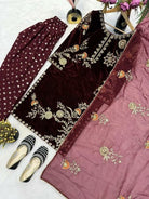 Burgandy Velvet Embroidered Farshi Suit with Organza Dupatta - BONYHUBSALWAR KAMEEZ