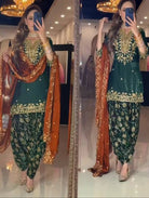 Dark Green & Orange Embroidery Sequins Patiyala Suit - BONYHUBSALWAR KAMEEZ