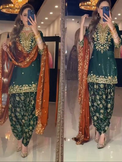 Dark Green & Orange Embroidery Sequins Patiyala Suit - BONYHUBSALWAR KAMEEZ
