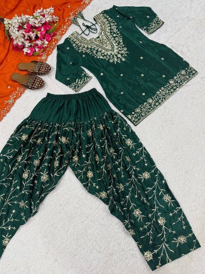 Dark Green & Orange Embroidery Sequins Patiyala Suit - BONYHUBSALWAR KAMEEZ
