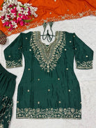 Dark Green & Orange Embroidery Sequins Patiyala Suit - BONYHUBSALWAR KAMEEZ