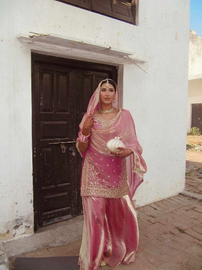 Rose Pink Tissue Silk Embroidery Sharara Set