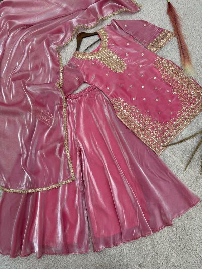 Rose Pink Tissue Silk Embroidery Sharara Set