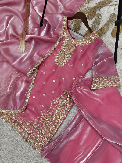 Rose Pink Tissue Silk Embroidery Sharara Set