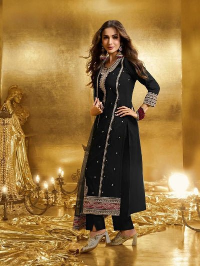 Elegant Black Premium Embroidery Straight Suit Set - BONYHUBSALWAR KAMEEZ