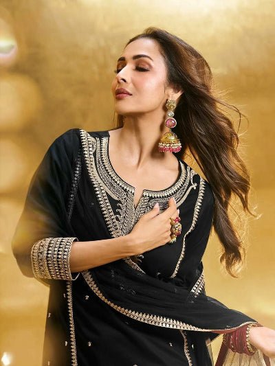 Elegant Black Premium Embroidery Straight Suit Set - BONYHUBSALWAR KAMEEZ