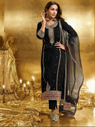 Elegant Black Premium Embroidery Straight Suit Set - BONYHUBSALWAR KAMEEZ