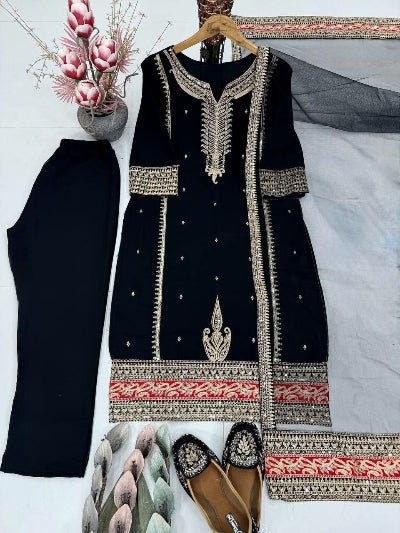 Elegant Black Premium Embroidery Straight Suit Set - BONYHUBSALWAR KAMEEZ