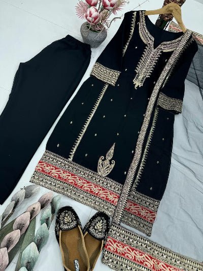 Elegant Black Premium Embroidery Straight Suit Set - BONYHUBSALWAR KAMEEZ