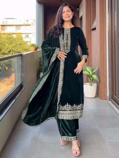 Bottle Green Premium Velvet Embroidered Suit - BONYHUBSALWAR KAMEEZ