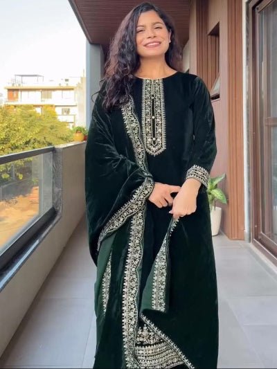 Bottle Green Premium Velvet Embroidered Suit - BONYHUBSALWAR KAMEEZ