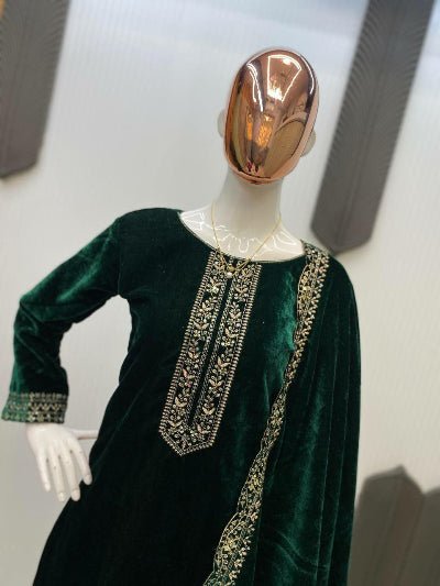 Bottle Green Premium Velvet Embroidered Suit - BONYHUBSALWAR KAMEEZ