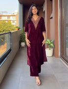 Burgandy Premium Velvet Embroidered Suit - BONYHUBSALWAR KAMEEZ