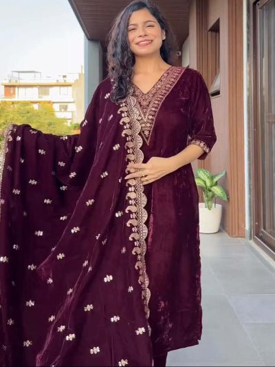 Burgandy Premium Velvet Embroidered Suit - BONYHUBSALWAR KAMEEZ