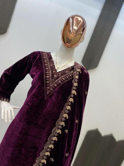 Burgandy Premium Velvet Embroidered Suit - BONYHUBSALWAR KAMEEZ
