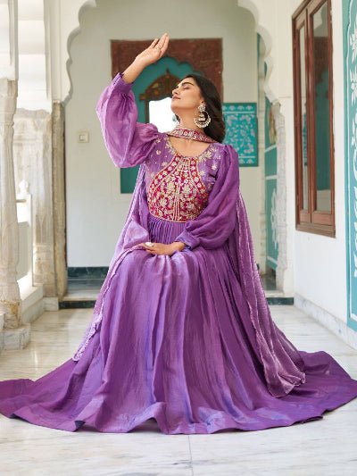 Purple Embroidery Work Gown With Dupatta Set Of 2 - BONYHUBSALWAR KAMEEZ