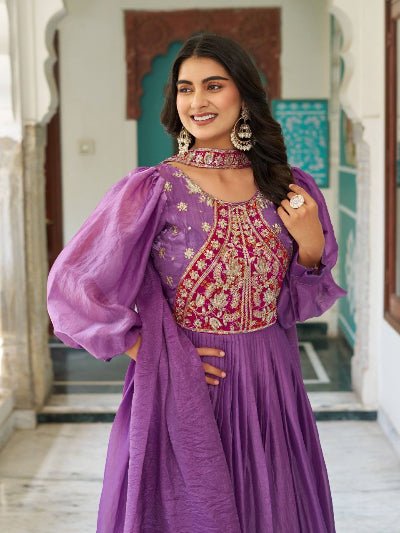 Purple Embroidery Work Gown With Dupatta Set Of 2 - BONYHUBSALWAR KAMEEZ
