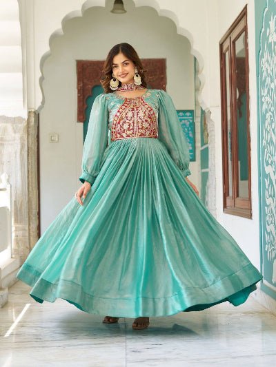 Seagreen Embroidery Work Gown With Dupatta Set Of 2 - BONYHUBSALWAR KAMEEZ