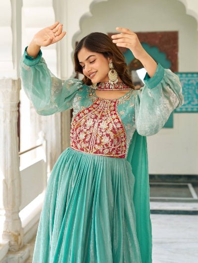 Seagreen Embroidery Work Gown With Dupatta Set Of 2 - BONYHUBSALWAR KAMEEZ