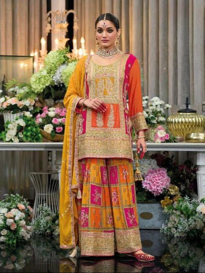 Royal Mustard Pink Chinon Silk Festive Sharara Set - BONYHUBSALWAR KAMEEZ