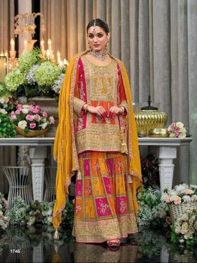 Royal Mustard Pink Chinon Silk Festive Sharara Set - BONYHUBSALWAR KAMEEZ