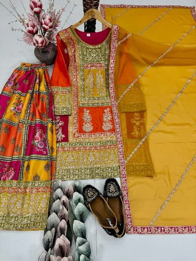 Royal Mustard Pink Chinon Silk Festive Sharara Set - BONYHUBSALWAR KAMEEZ