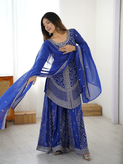 Designer Georgette Sharara Set | Red &amp; Electric Blue UK
