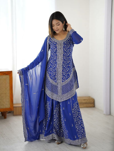 Designer Georgette Sharara Set | Red &amp; Electric Blue UK