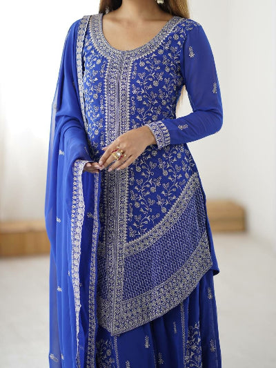 Designer Georgette Sharara Set | Red &amp; Electric Blue UK