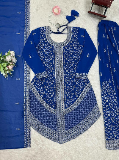 Designer Georgette Sharara Set | Red &amp; Electric Blue UK