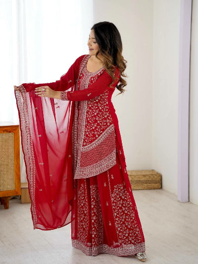 Designer Georgette Sharara Set | Red &amp; Electric Blue UK