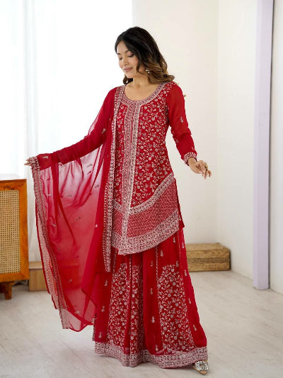 Designer Georgette Sharara Set | Red &amp; Electric Blue UK